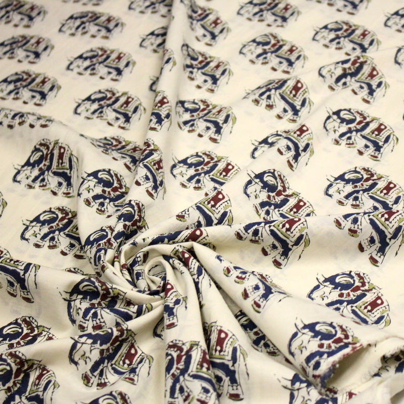 Tissu coton fin imprimé INDIENNES, écru aux éléphants - STANDARD 100 OEKO - TEX - tissuspipi.com