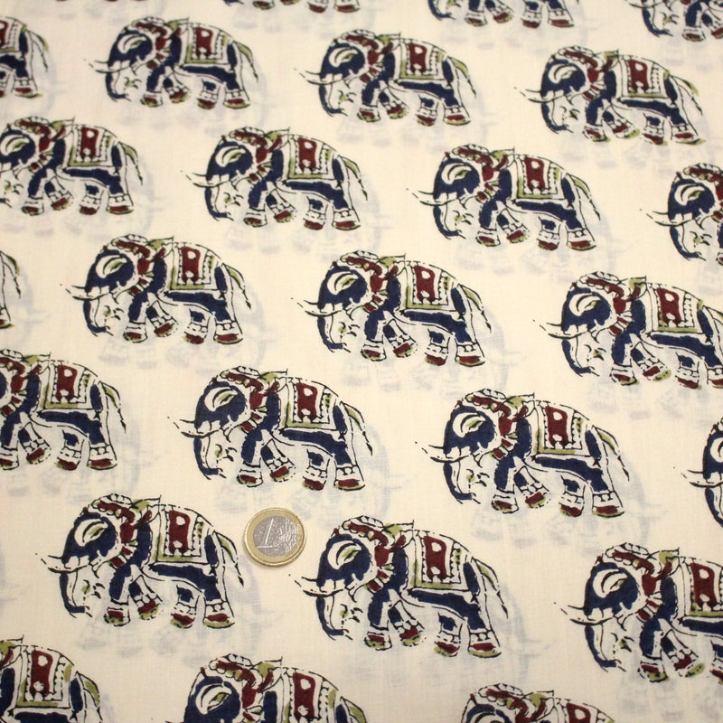 Tissu coton fin imprimé INDIENNES, écru aux éléphants - STANDARD 100 OEKO - TEX - tissuspipi.com