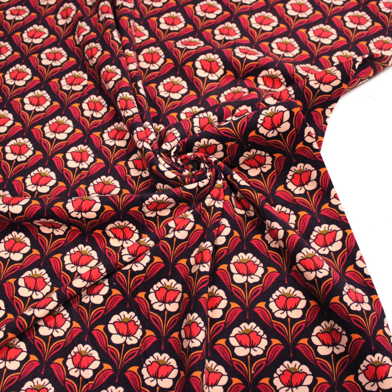Tissu velours milleraies imprimé ART NOUVEAU aux fleurs géométriques corail rouges oranges - STANDARD 100 OEKO-TEX - tissuspipi.com