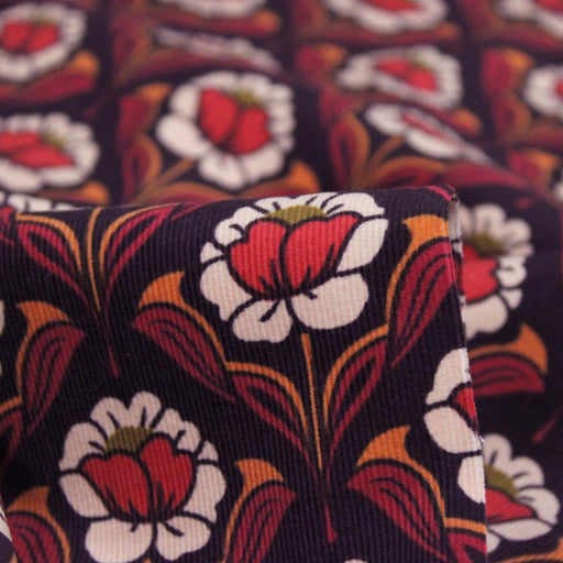Tissu velours milleraies imprimé ART NOUVEAU aux fleurs géométriques corail rouges oranges - STANDARD 100 OEKO-TEX - tissuspipi.com
