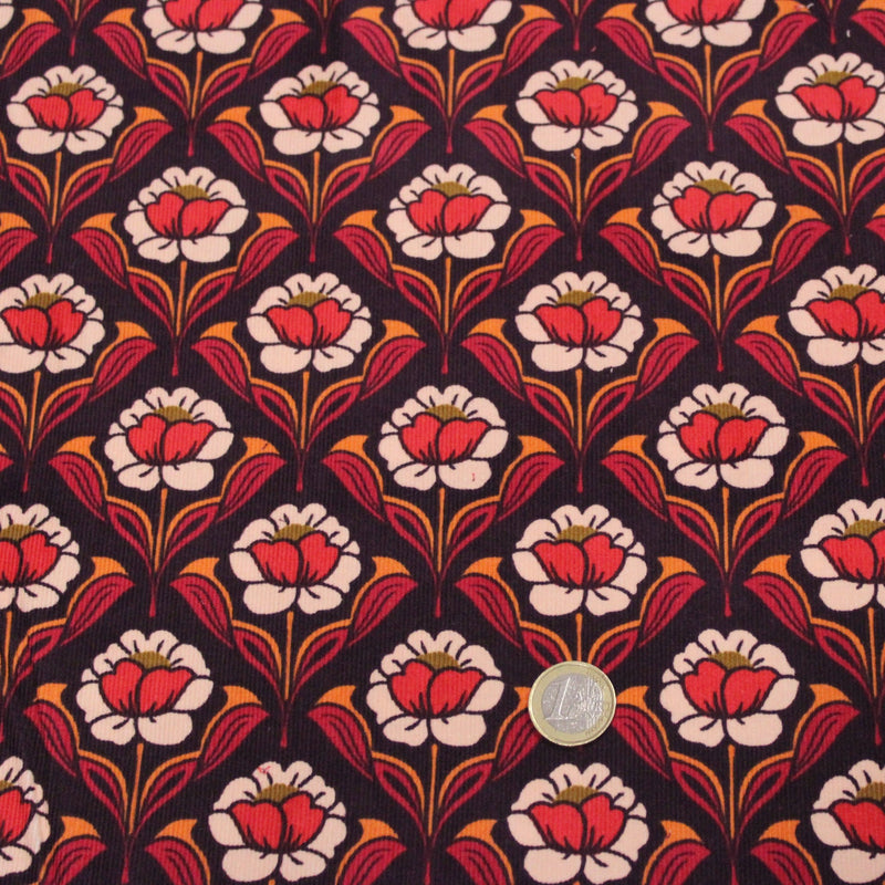 Tissu velours milleraies imprimé ART NOUVEAU aux fleurs géométriques corail rouges oranges - STANDARD 100 OEKO-TEX - tissuspipi.com