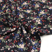 Tissu velours milleraies imprimé noir aux fleurs écrues, bleues, vertes - STANDARD 100 OEKO-TEX - tissuspipi.com