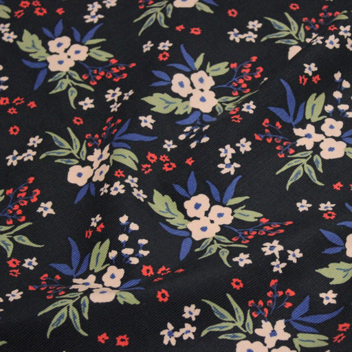 Tissu velours milleraies imprimé noir aux fleurs écrues, bleues, vertes - STANDARD 100 OEKO-TEX - tissuspipi.com