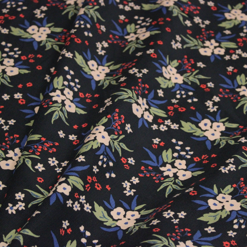 Tissu velours milleraies imprimé noir aux fleurs écrues, bleues, vertes - STANDARD 100 OEKO-TEX - tissuspipi.com