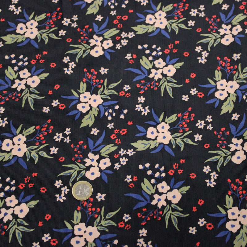 Tissu velours milleraies imprimé noir aux fleurs écrues, bleues, vertes - STANDARD 100 OEKO-TEX - tissuspipi.com