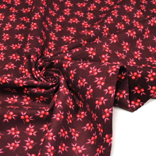 Tissu velours milleraies imprimé bordeaux aux douces fleurs rouges & parme - STANDARD 100 OEKO-TEX - tissuspipi.com