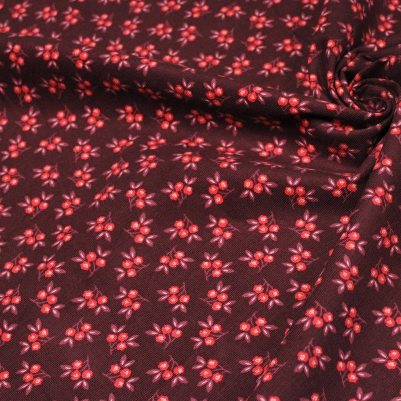 Tissu velours milleraies imprimé bordeaux aux douces fleurs rouges & parme - STANDARD 100 OEKO-TEX - tissuspipi.com