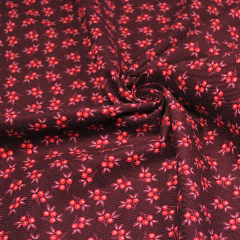 Tissu velours milleraies imprimé bordeaux aux douces fleurs rouges & parme - STANDARD 100 OEKO-TEX - tissuspipi.com
