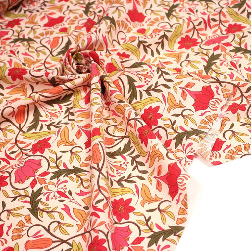 Tissu cotonnade fleuri typique ART NOUVEAU, tons corail, roses et verts - OEKO - TEX STANDARD 100 - tissuspipi.com
