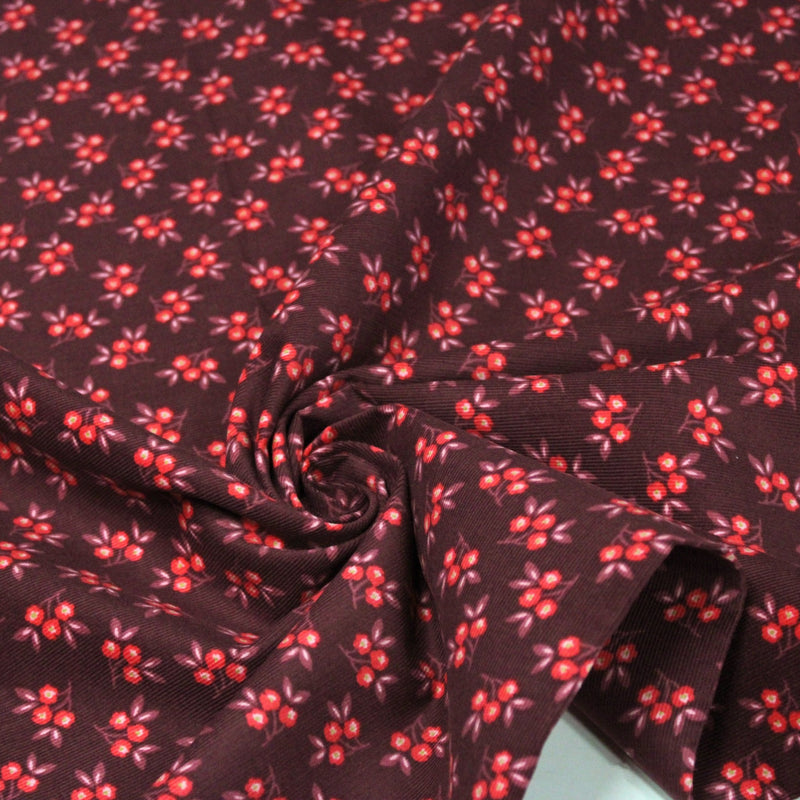 Tissu velours milleraies imprimé bordeaux aux douces fleurs rouges & parme - STANDARD 100 OEKO-TEX - tissuspipi.com