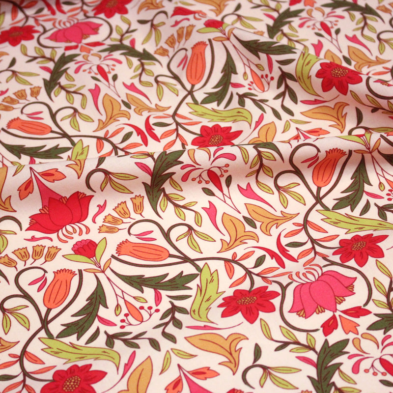 Tissu cotonnade fleuri typique ART NOUVEAU, tons corail, roses et verts - OEKO - TEX STANDARD 100 - tissuspipi.com