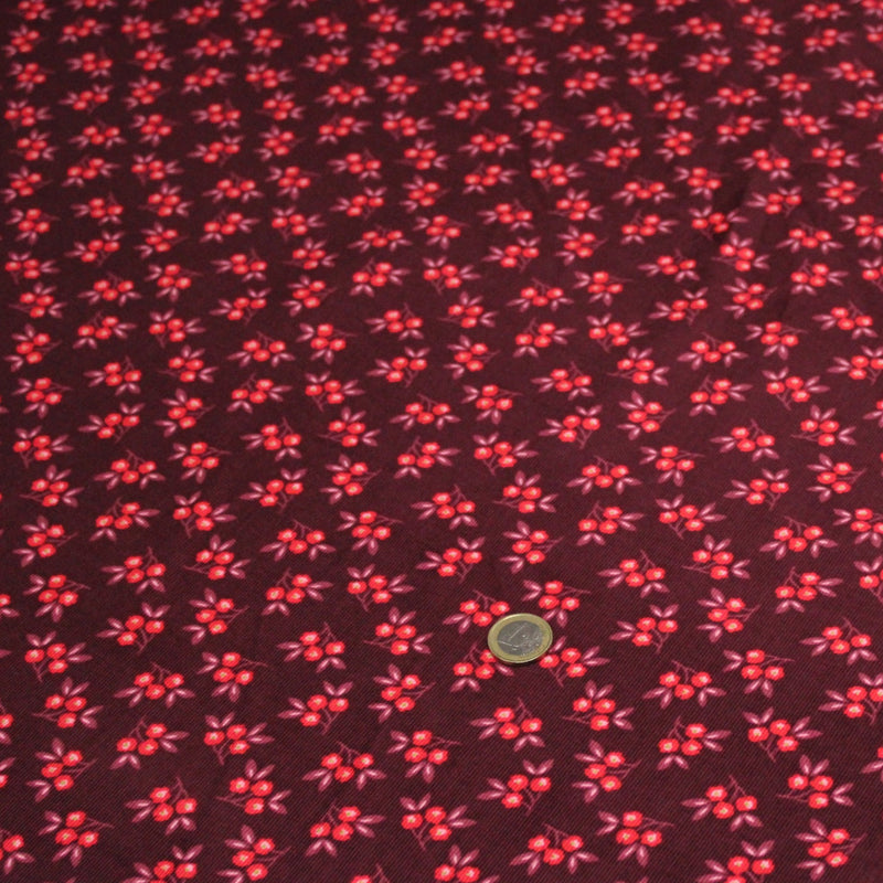 Tissu velours milleraies imprimé bordeaux aux douces fleurs rouges & parme - STANDARD 100 OEKO-TEX - tissuspipi.com
