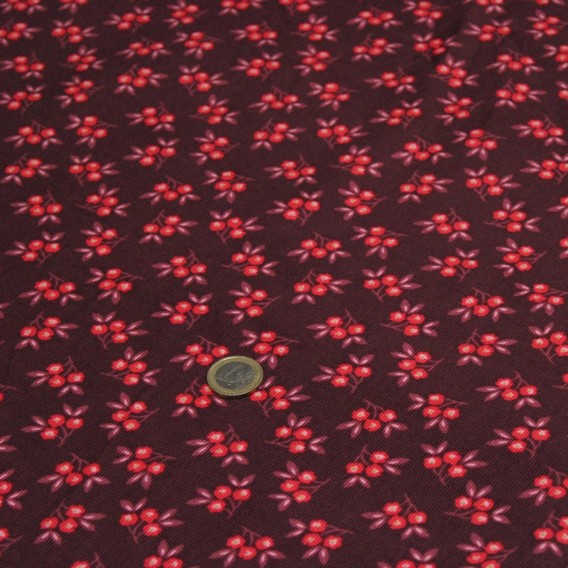 Tissu velours milleraies imprimé bordeaux aux douces fleurs rouges & parme - STANDARD 100 OEKO-TEX - tissuspipi.com