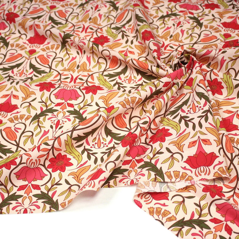 Tissu cotonnade fleuri typique ART NOUVEAU, tons corail, roses et verts - OEKO - TEX STANDARD 100 - tissuspipi.com