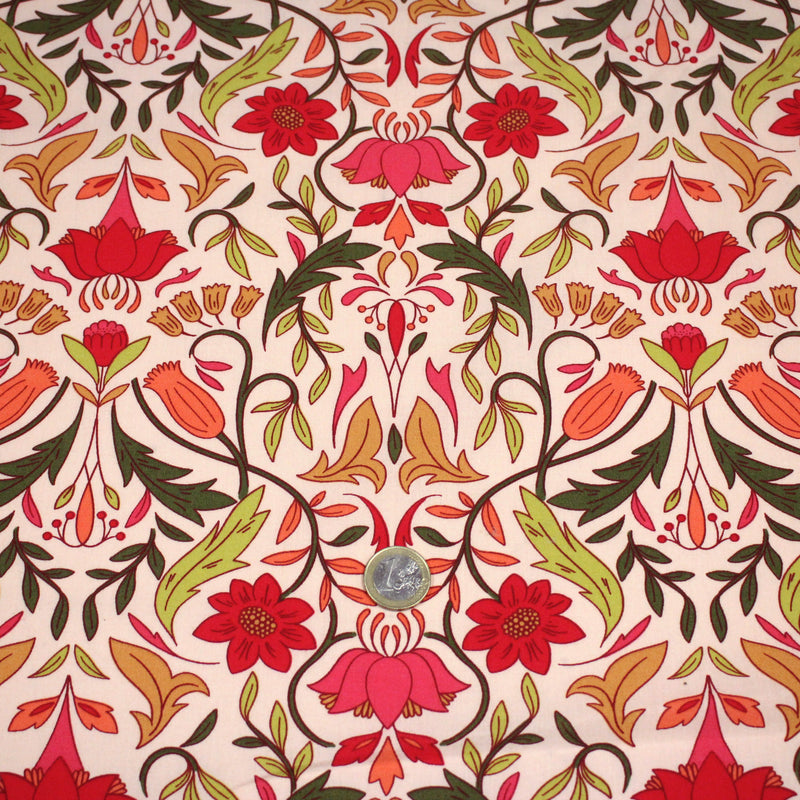 Tissu cotonnade fleuri typique ART NOUVEAU, tons corail, roses et verts - OEKO - TEX STANDARD 100 - tissuspipi.com