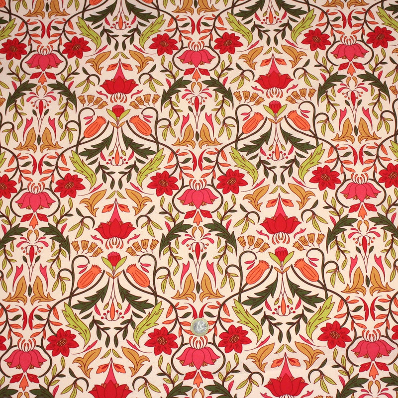 Tissu cotonnade fleuri typique ART NOUVEAU, tons corail, roses et verts - OEKO - TEX STANDARD 100 - tissuspipi.com