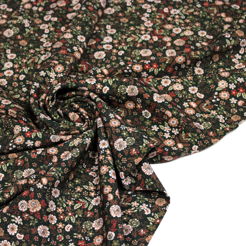 Tissu Viscose fluide vert anglais aux fines fleurs automnales – STANDARD 100 OEKO-TEX - tissuspipi.com