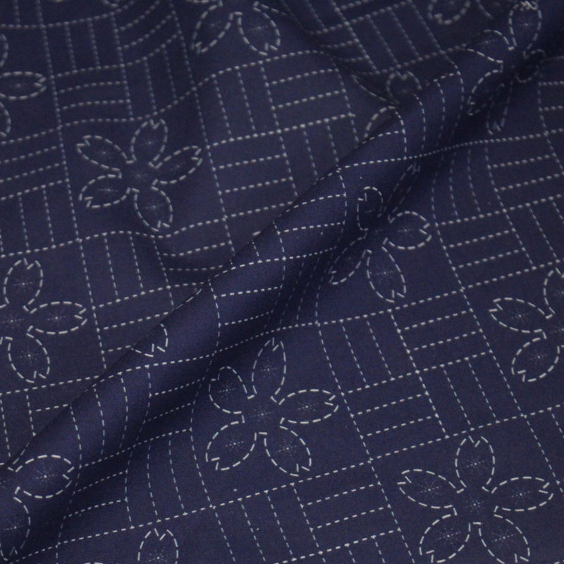 Tissu cotonnade motif japonais SASHIKO tons bleus & écrus - tissuspipi.com
