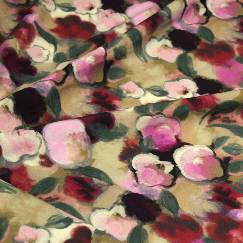 Tissu Viscose fluide aux fleurs aquarelle tons roses, vert pâle, rouges – STANDARD 100 OEKO-TEX - tissuspipi.com