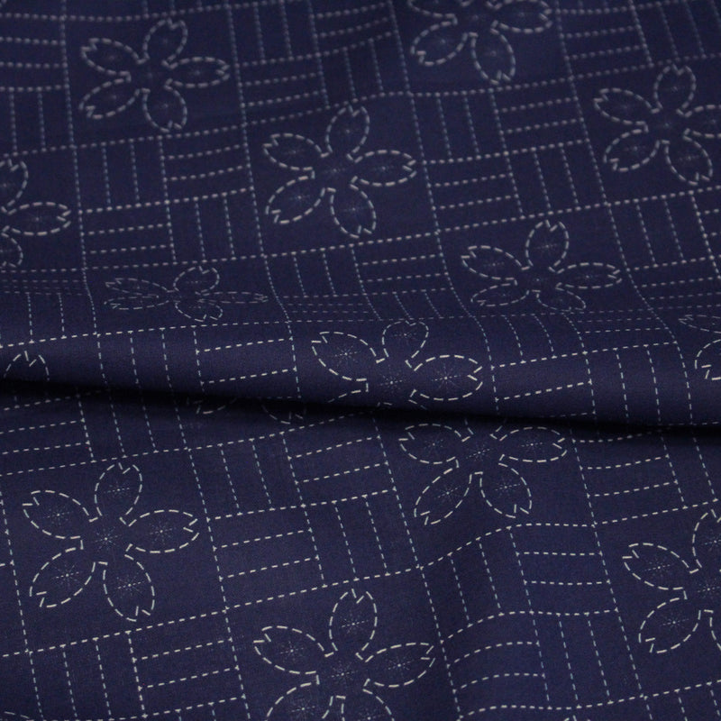 Tissu cotonnade motif japonais SASHIKO tons bleus & écrus - tissuspipi.com