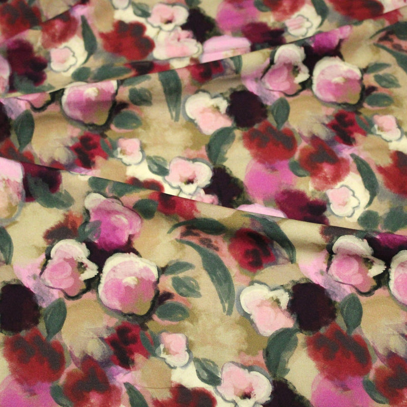 Tissu Viscose fluide aux fleurs aquarelle tons roses, vert pâle, rouges – STANDARD 100 OEKO-TEX - tissuspipi.com