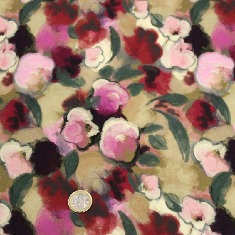 Tissu Viscose fluide aux fleurs aquarelle tons roses, vert pâle, rouges – STANDARD 100 OEKO-TEX - tissuspipi.com