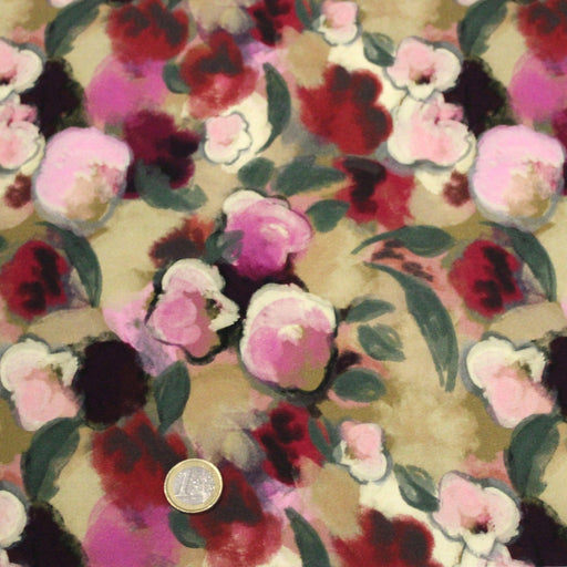 Tissu Viscose fluide aux fleurs aquarelle tons roses, vert pâle, rouges – STANDARD 100 OEKO-TEX - tissuspipi.com