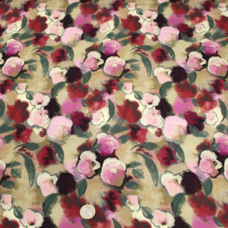 Tissu Viscose fluide aux fleurs aquarelle tons roses, vert pâle, rouges – STANDARD 100 OEKO-TEX - tissuspipi.com