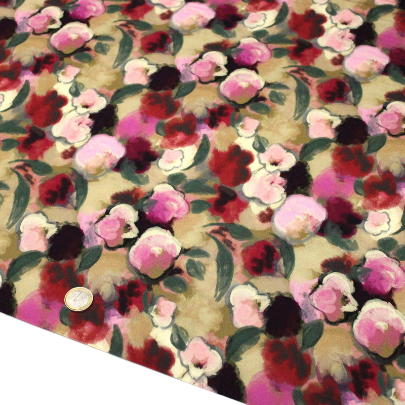 Tissu Viscose fluide aux fleurs aquarelle tons roses, vert pâle, rouges – STANDARD 100 OEKO-TEX - tissuspipi.com