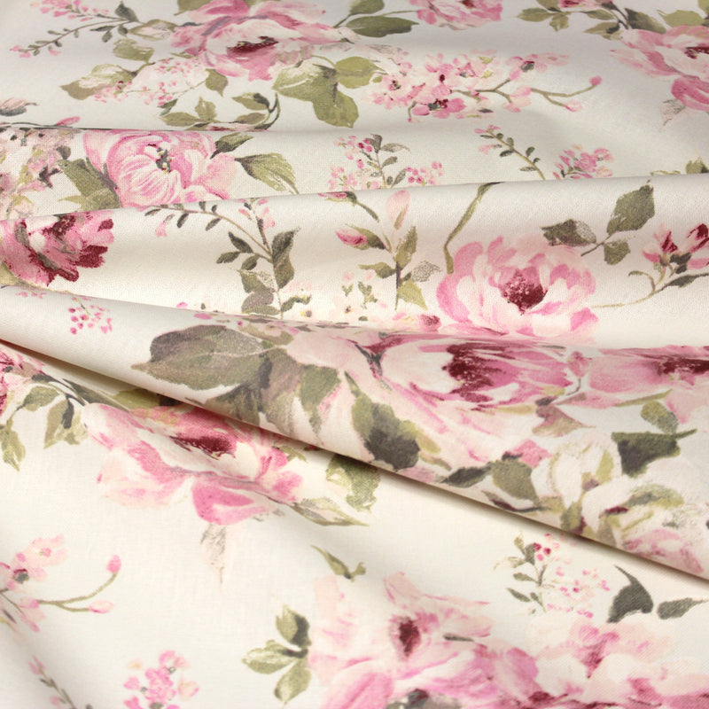 Tissu motif britannique aux grandes fleurs roses : lin, bleu, écru - COLLECTION BRIGHTON - tissuspipi.com