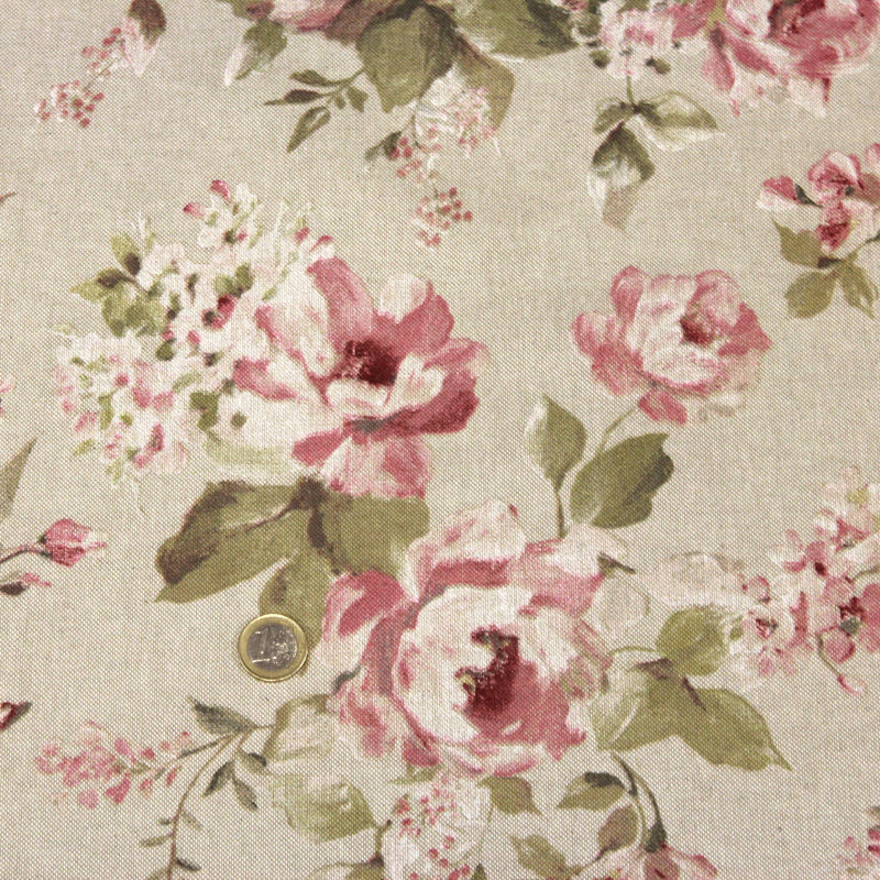 Tissu motif britannique aux grandes fleurs roses : lin, bleu, écru - COLLECTION BRIGHTON - tissuspipi.com