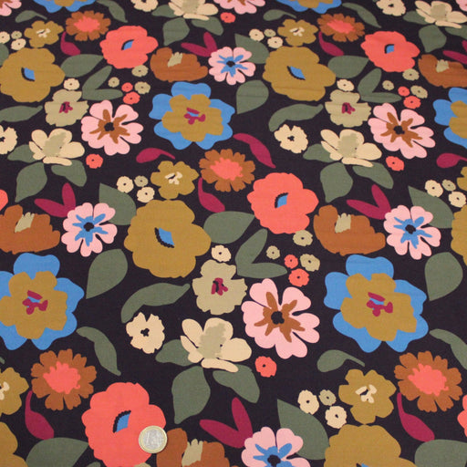 Tissu Viscose fluide fleurs graphiques rétro multicolores, fond noir – STANDARD 100 OEKO-TEX - tissuspipi.com