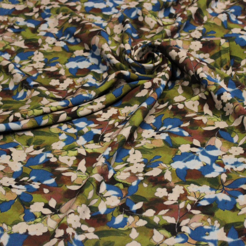Tissu Viscose fluide aux fleurs aquarelle tons verts, bleus, marron – STANDARD 100 OEKO-TEX - tissuspipi.com