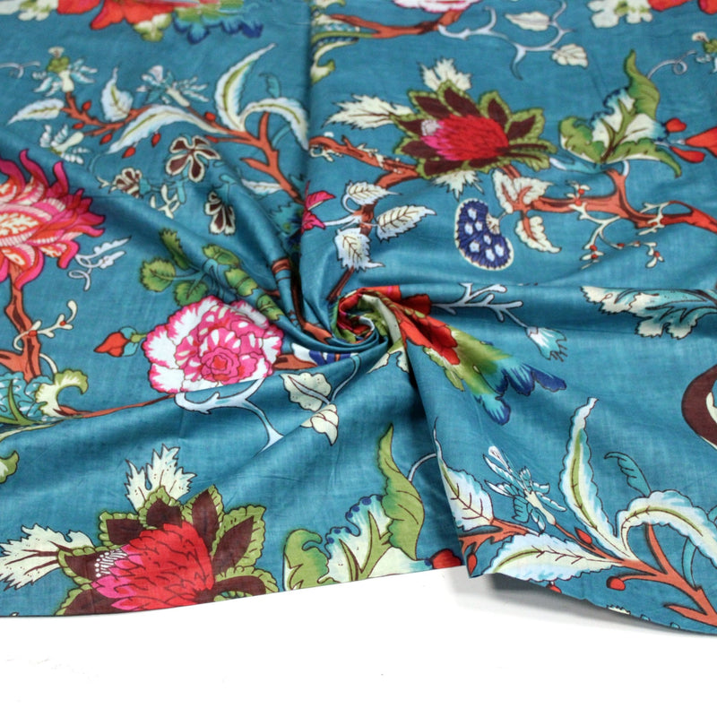 Tissu coton fin imprimé INDIENNES, bleu canard aux fleurs et motifs indiens multicolores - tissuspipi.com