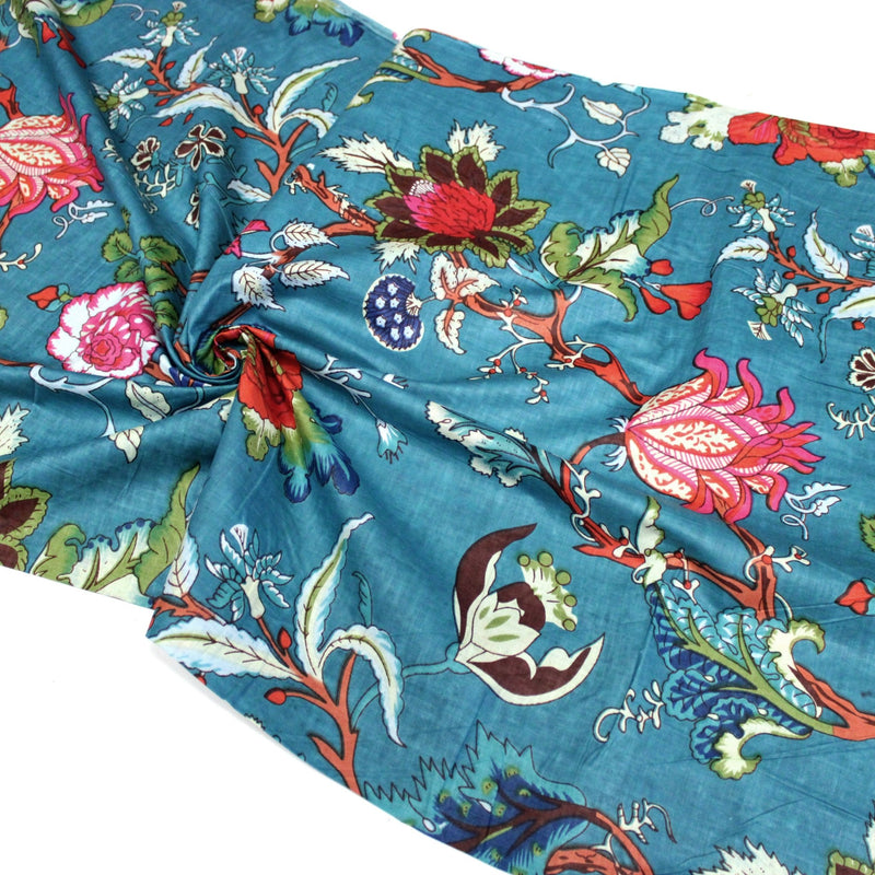 Tissu coton fin imprimé INDIENNES, bleu canard aux fleurs et motifs indiens multicolores - tissuspipi.com