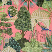 Tissu coton fin imprimé INDIENNES, rose, temples indiens, palmiers et paons, écru / vert / bleu - tissuspipi.com