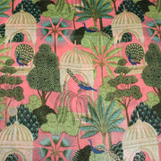 Tissu coton fin imprimé INDIENNES, rose, temples indiens, palmiers et paons, écru / vert / bleu - tissuspipi.com