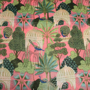 Tissu coton fin imprimé INDIENNES, rose, temples indiens, palmiers et paons, écru / vert / bleu - tissuspipi.com