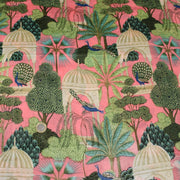 Tissu coton fin imprimé INDIENNES, rose, temples indiens, palmiers et paons, écru / vert / bleu - tissuspipi.com