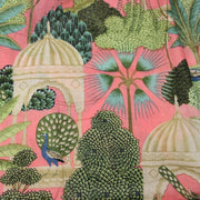 Tissu coton fin imprimé INDIENNES, rose, temples indiens, palmiers et paons, écru / vert / bleu - tissuspipi.com