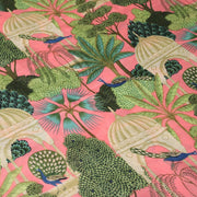 Tissu coton fin imprimé INDIENNES, rose, temples indiens, palmiers et paons, écru / vert / bleu - tissuspipi.com