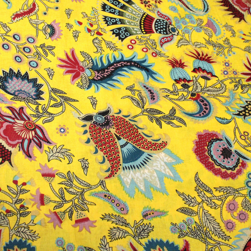 Tissu coton fin imprimé INDIENNES, jaune aux fleurs et motifs indiens multicolores - tissuspipi.com