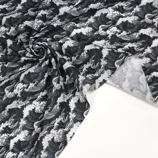 Tissu cotonnade motif japonais de la vague Kanagawa d’Hokusai, tons noirs & blancs - OEKO - TEX - tissuspipi.com