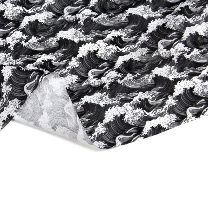 Tissu cotonnade motif japonais de la vague Kanagawa d’Hokusai, tons noirs & blancs - OEKO - TEX - tissuspipi.com