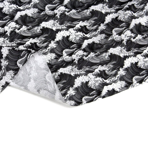 Tissu cotonnade motif japonais de la vague Kanagawa d’Hokusai, tons noirs & blancs - OEKO - TEX - tissuspipi.com