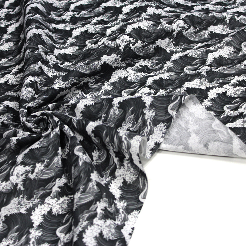 Tissu cotonnade motif japonais de la vague Kanagawa d’Hokusai, tons noirs & blancs - OEKO - TEX - tissuspipi.com