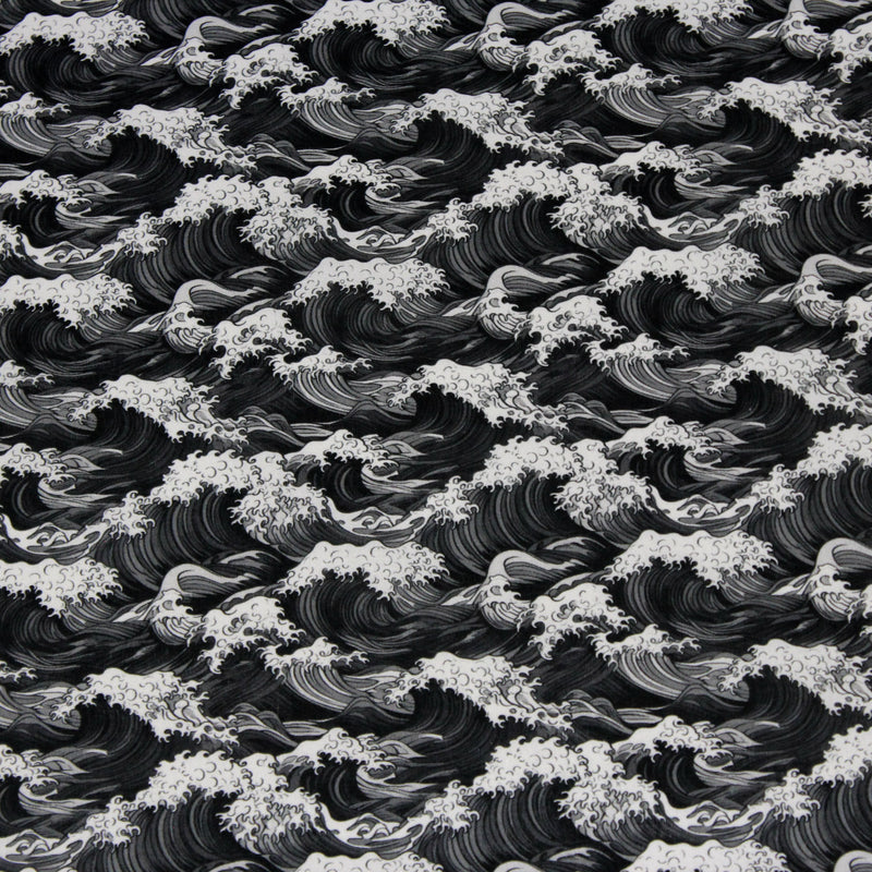 Tissu cotonnade motif japonais de la vague Kanagawa d’Hokusai, tons noirs & blancs - OEKO - TEX - tissuspipi.com