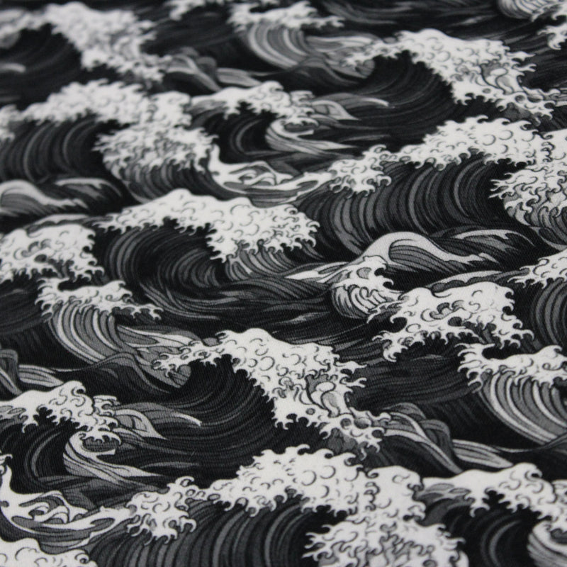 Tissu cotonnade motif japonais de la vague Kanagawa d’Hokusai, tons noirs & blancs - OEKO - TEX - tissuspipi.com