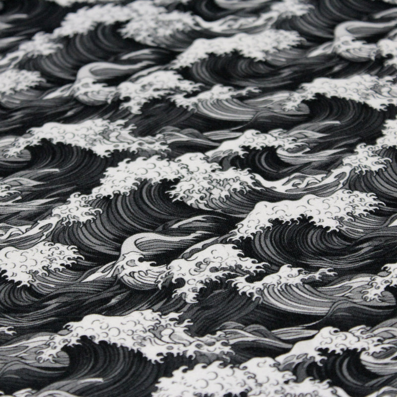 Tissu cotonnade motif japonais de la vague Kanagawa d’Hokusai, tons noirs & blancs - OEKO - TEX - tissuspipi.com