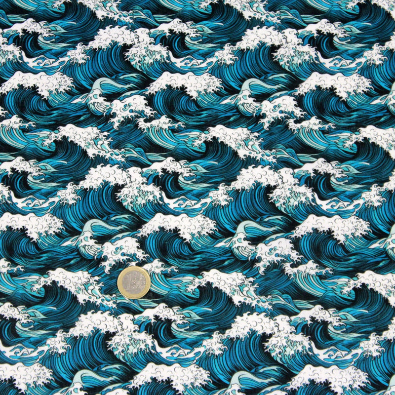 Tissu cotonnade motif japonais de la vague Kanagawa d’Hokusai, tons vert canard & blancs - OEKO - TEX - tissuspipi.com